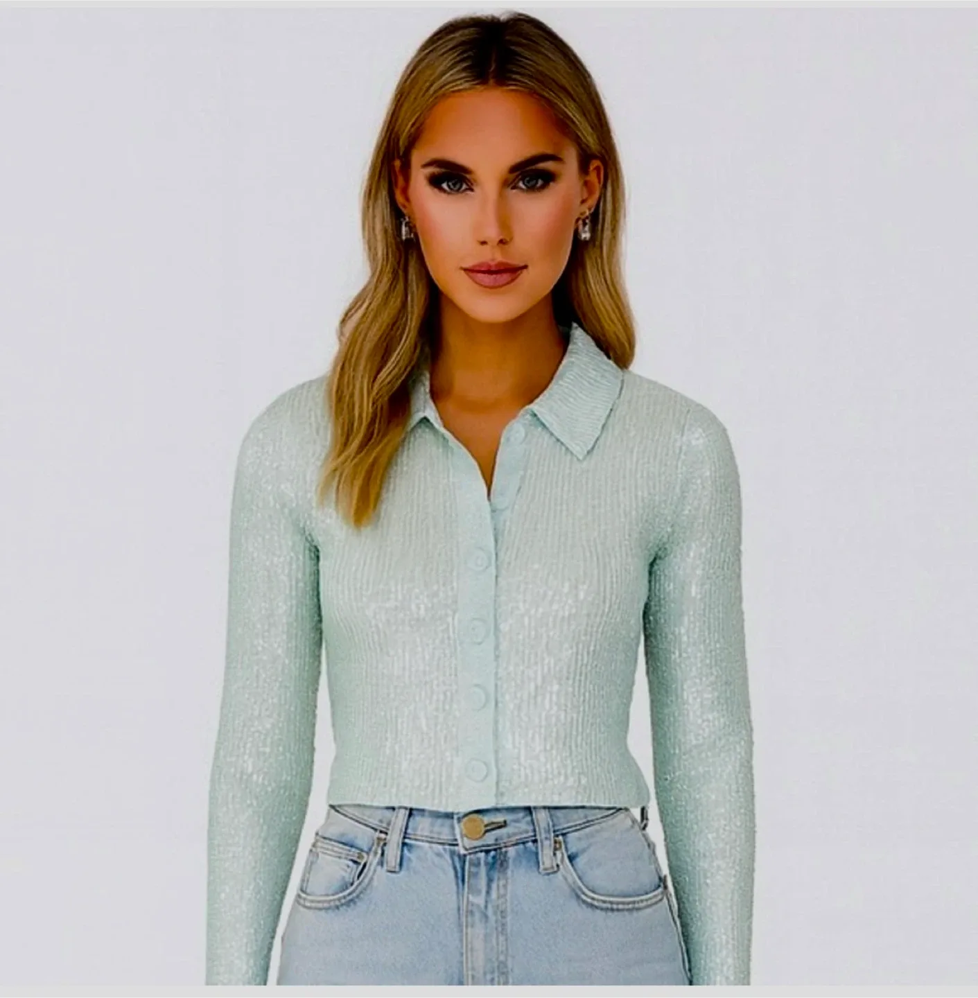 ROTATE BIRGER CHRISTENSEN Nude Blue Sequin Collared Blouse