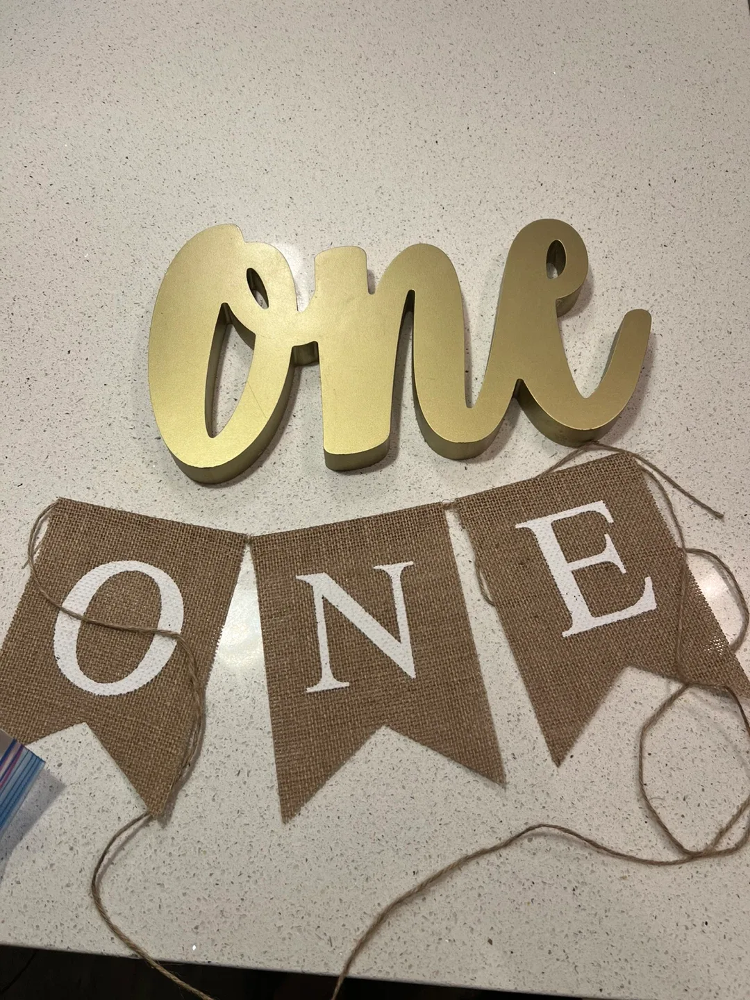 Gold 'One' Sign and Burlap Banner