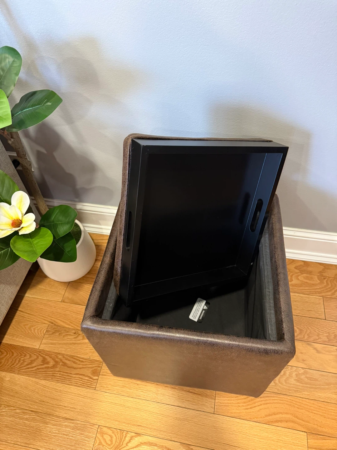 Brown Faux Leather Storage Ottoman with Tray Top - photo 5
