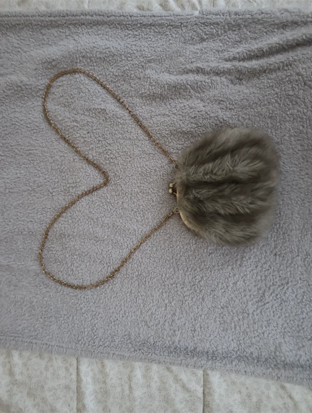 Fuzzy Grey Coin Purse with Gold Chain