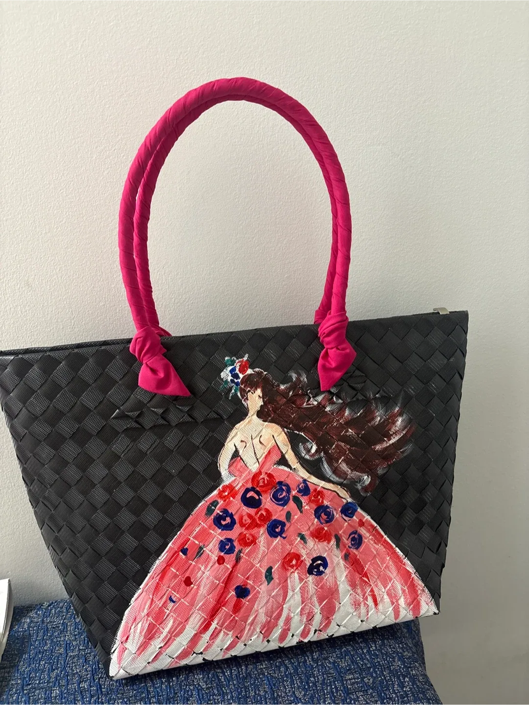 Hand-Painted Woven Tote Bag