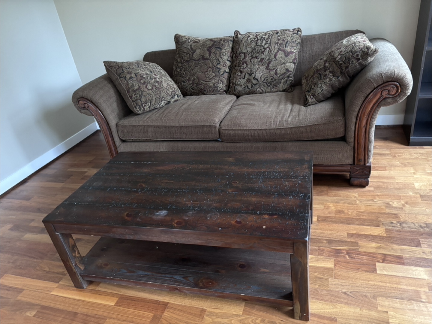 Brown Sofa and Wooden Coffee Table Set