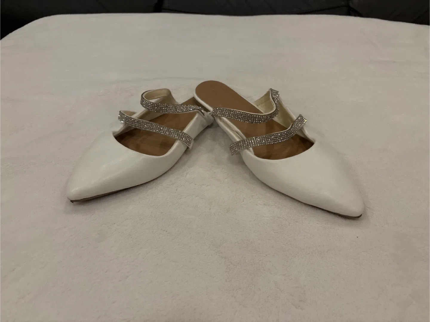 White Pointed Toe Mules with Rhinestone Straps