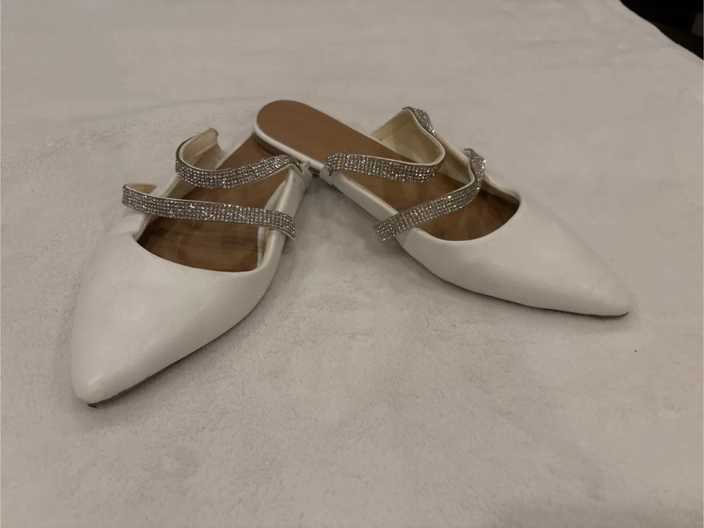 White Pointed Toe Mules with Rhinestone Straps image indicator(2)