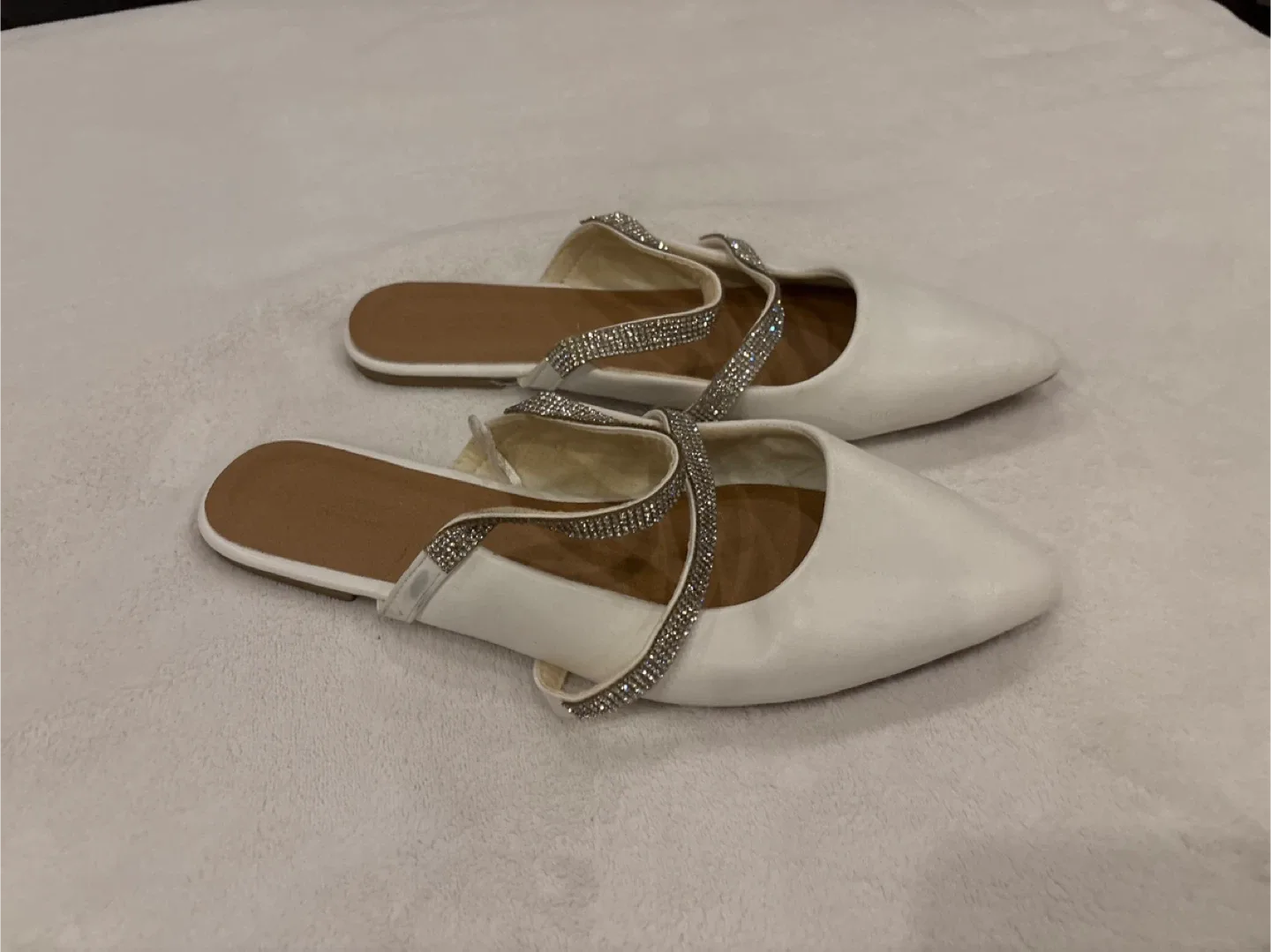 White Pointed Toe Mules with Rhinestone Straps image indicator(3)