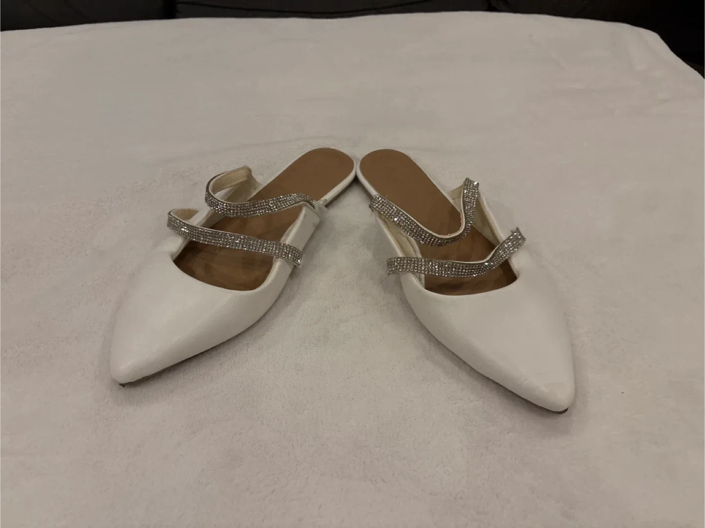 White Pointed Toe Mules with Rhinestone Straps image indicator(6)
