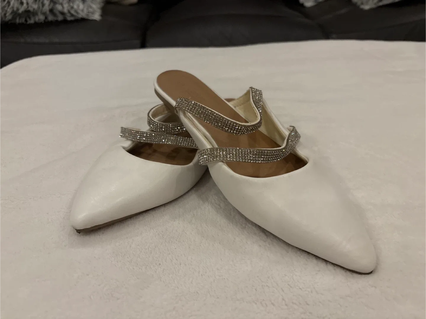 White Pointed Toe Mules with Rhinestone Straps image indicator(4)