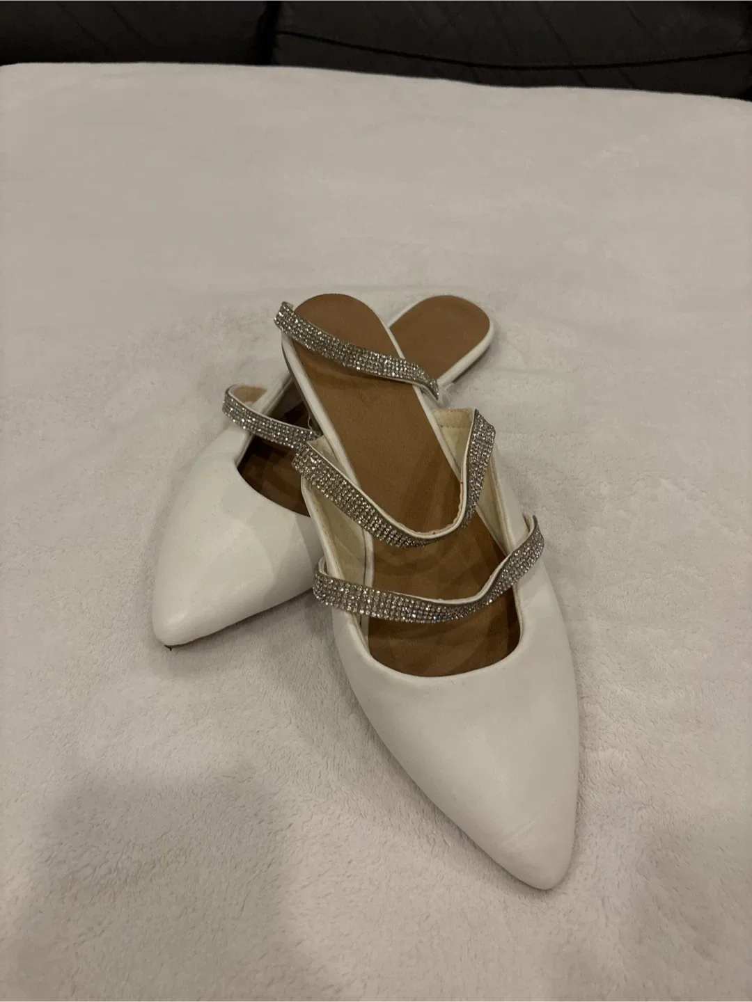 White Pointed Toe Mules with Rhinestone Straps image indicator(5)