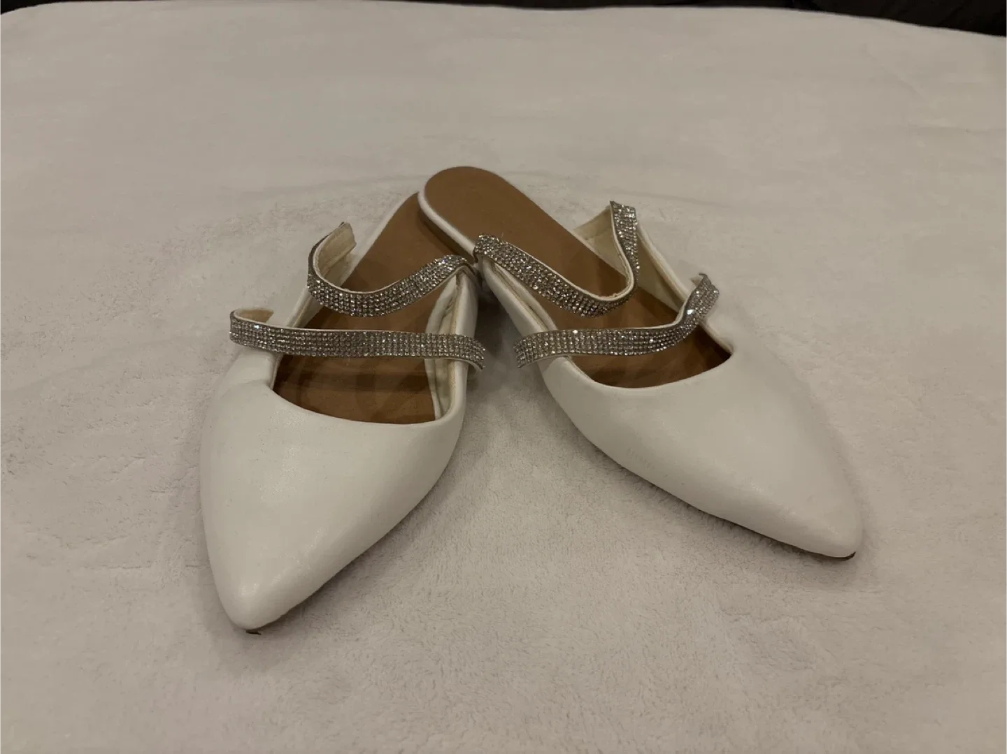 White Pointed Toe Mules with Rhinestone Straps image indicator(8)