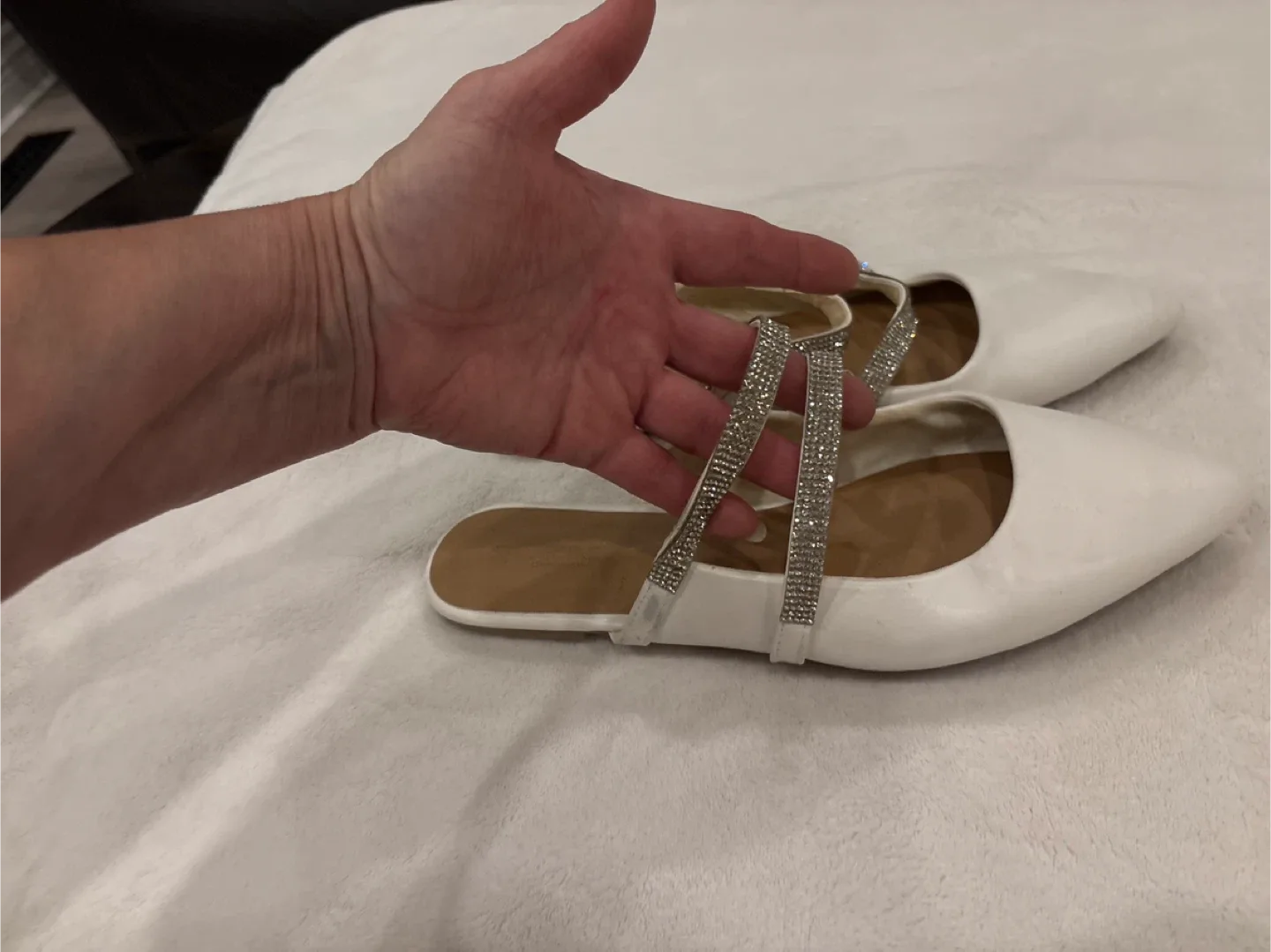 White Pointed Toe Mules with Rhinestone Straps image indicator(7)