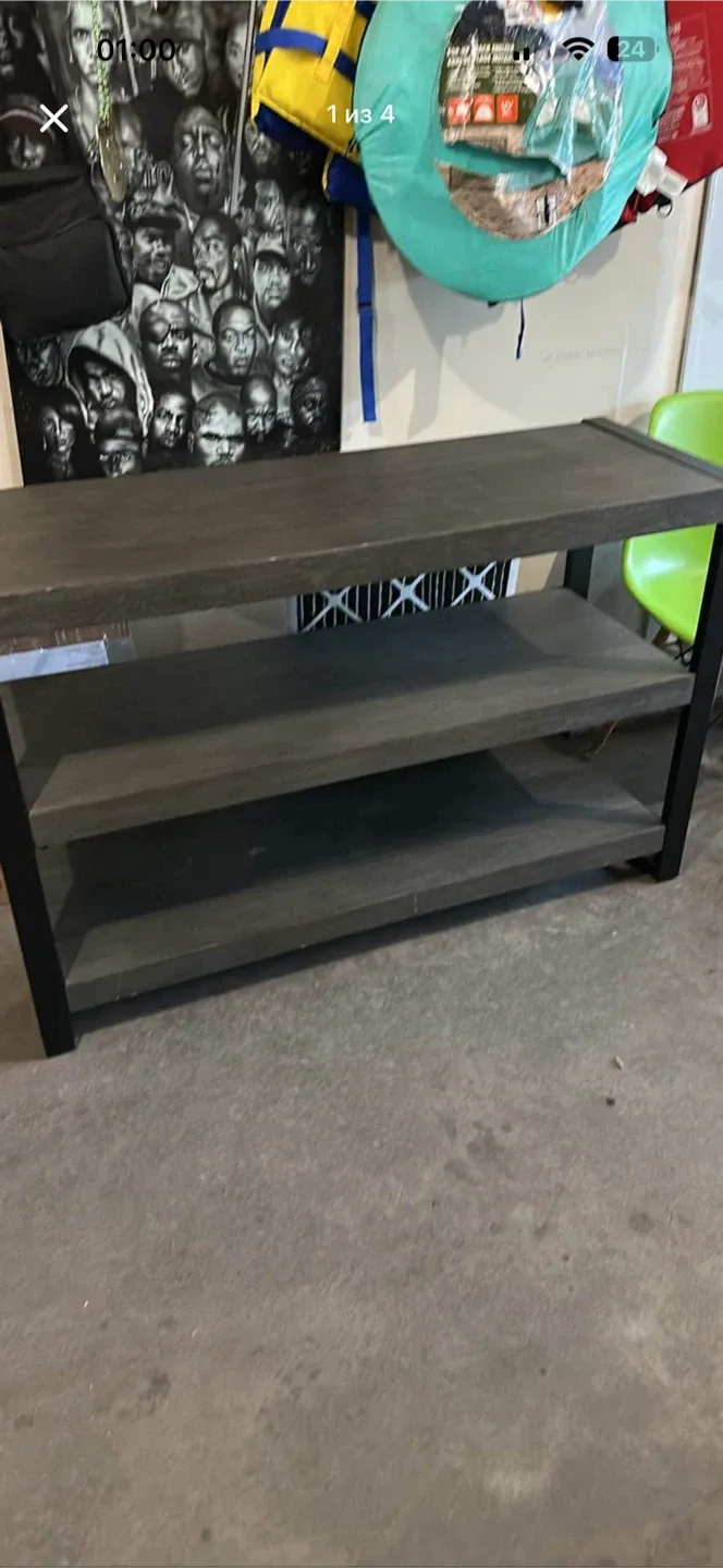 Grey Wooden Shelf with Black Metal Frame