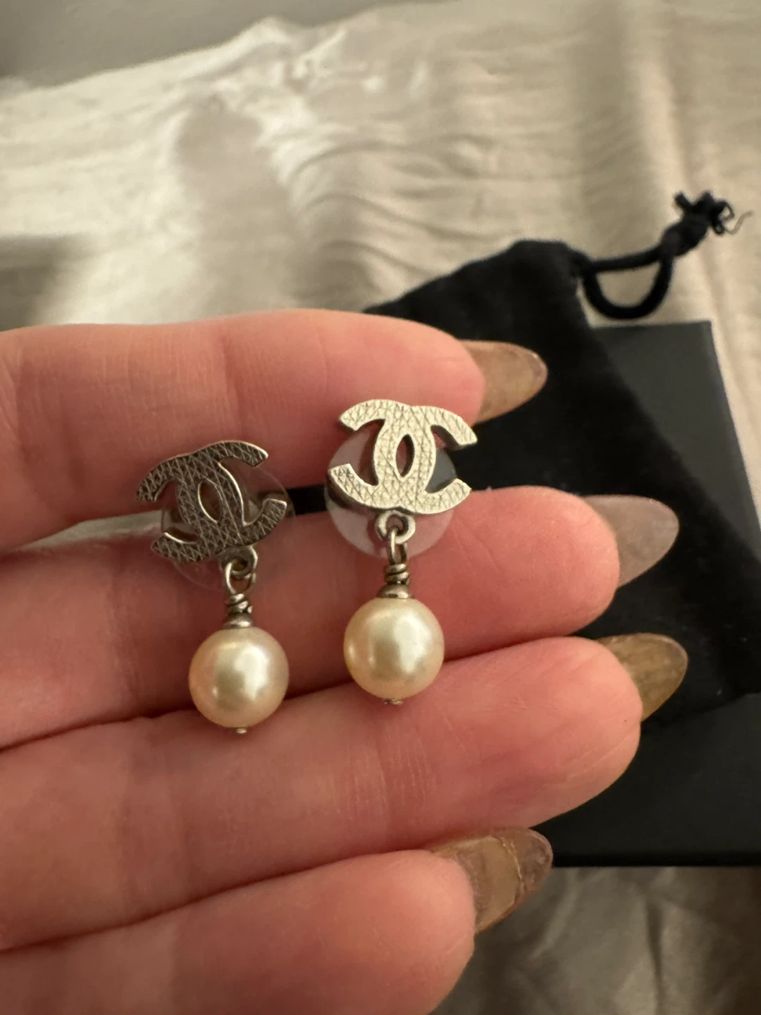 Authentic Chanel CC Drop Pearl Earrings