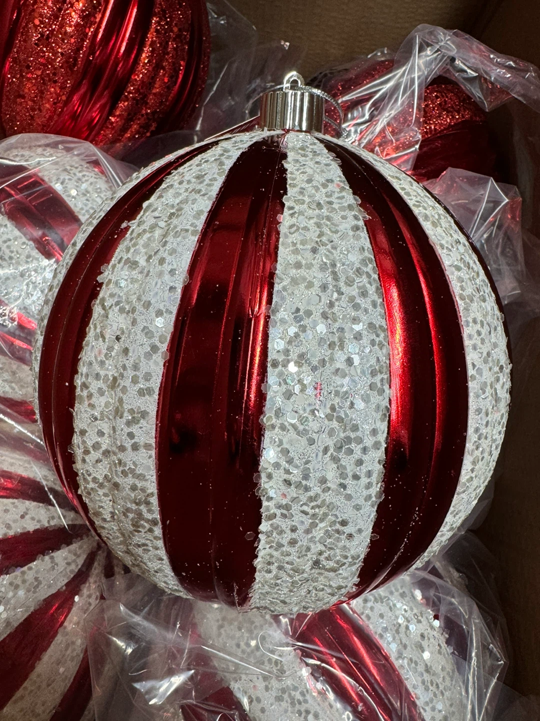 Beautiful 8” Ornament Christmas Ball - 3 Pack, Red with White