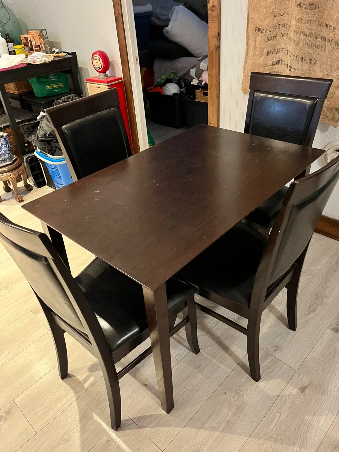 Dining Table with 4 Black Leather Chairs