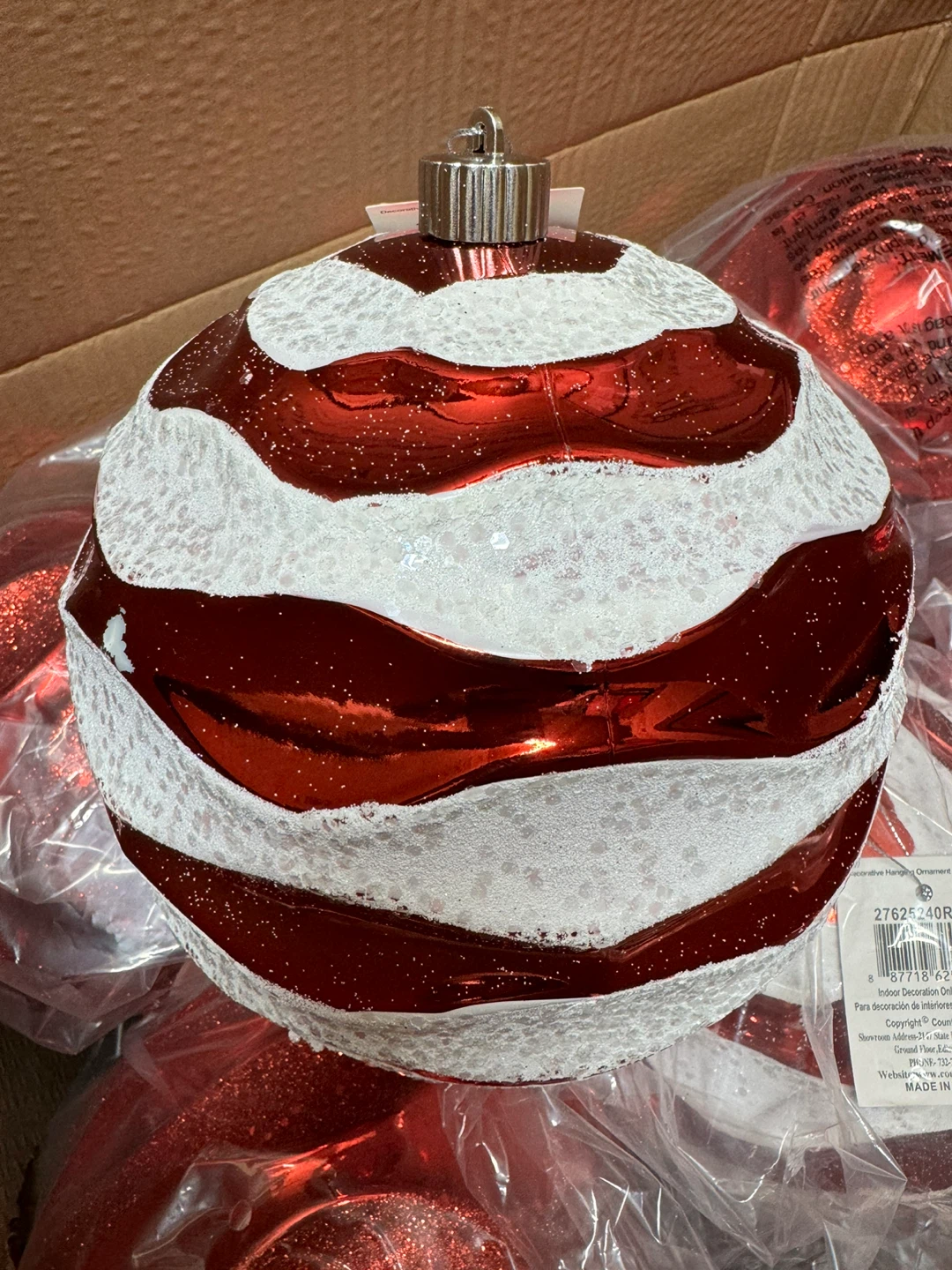 Beautiful 8” Ornament Christmas Ball - 3 Pack, Red with White