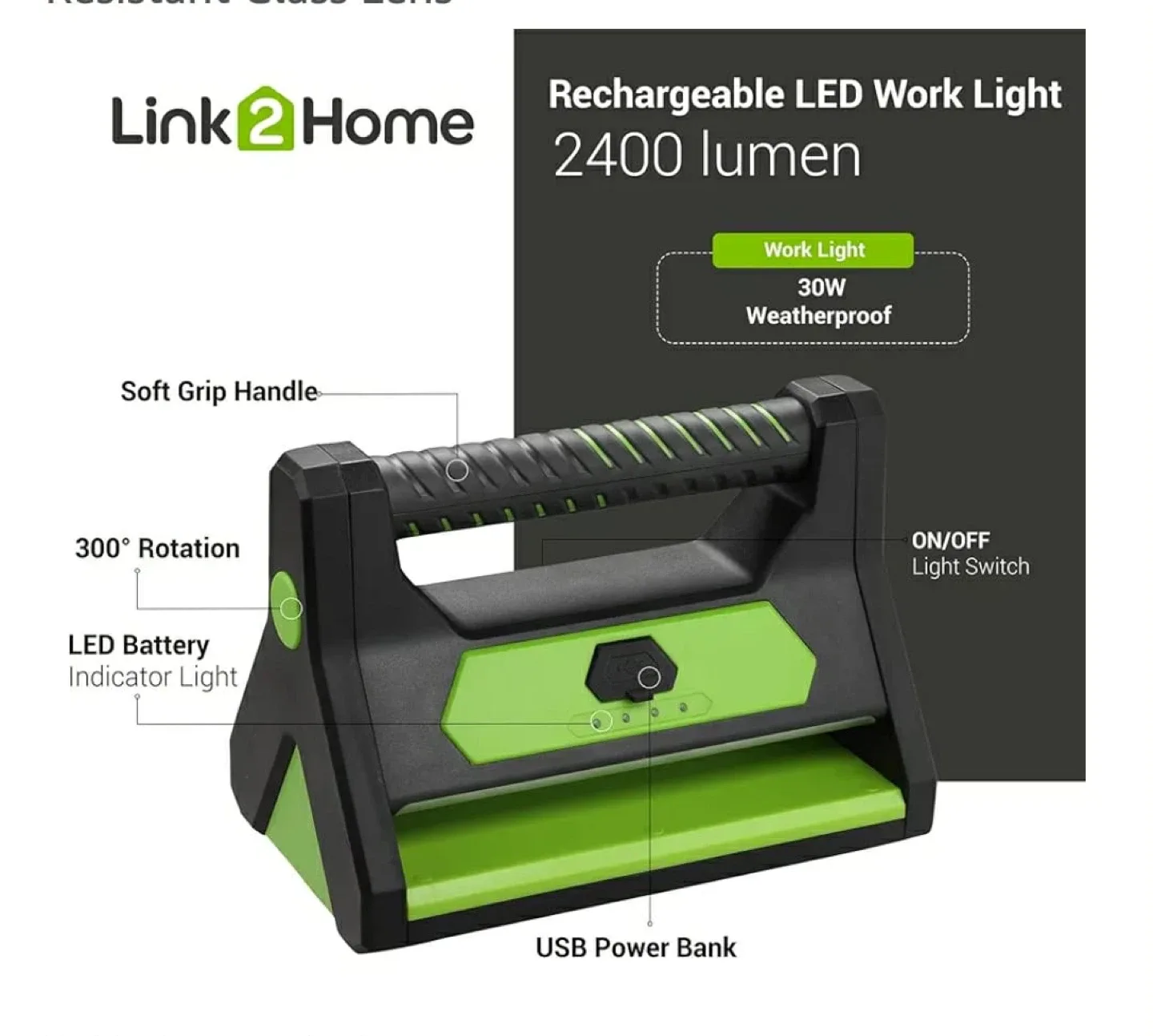 Link2Home Rechargeable LED Work Light - 2400 Lumens image indicator(5)