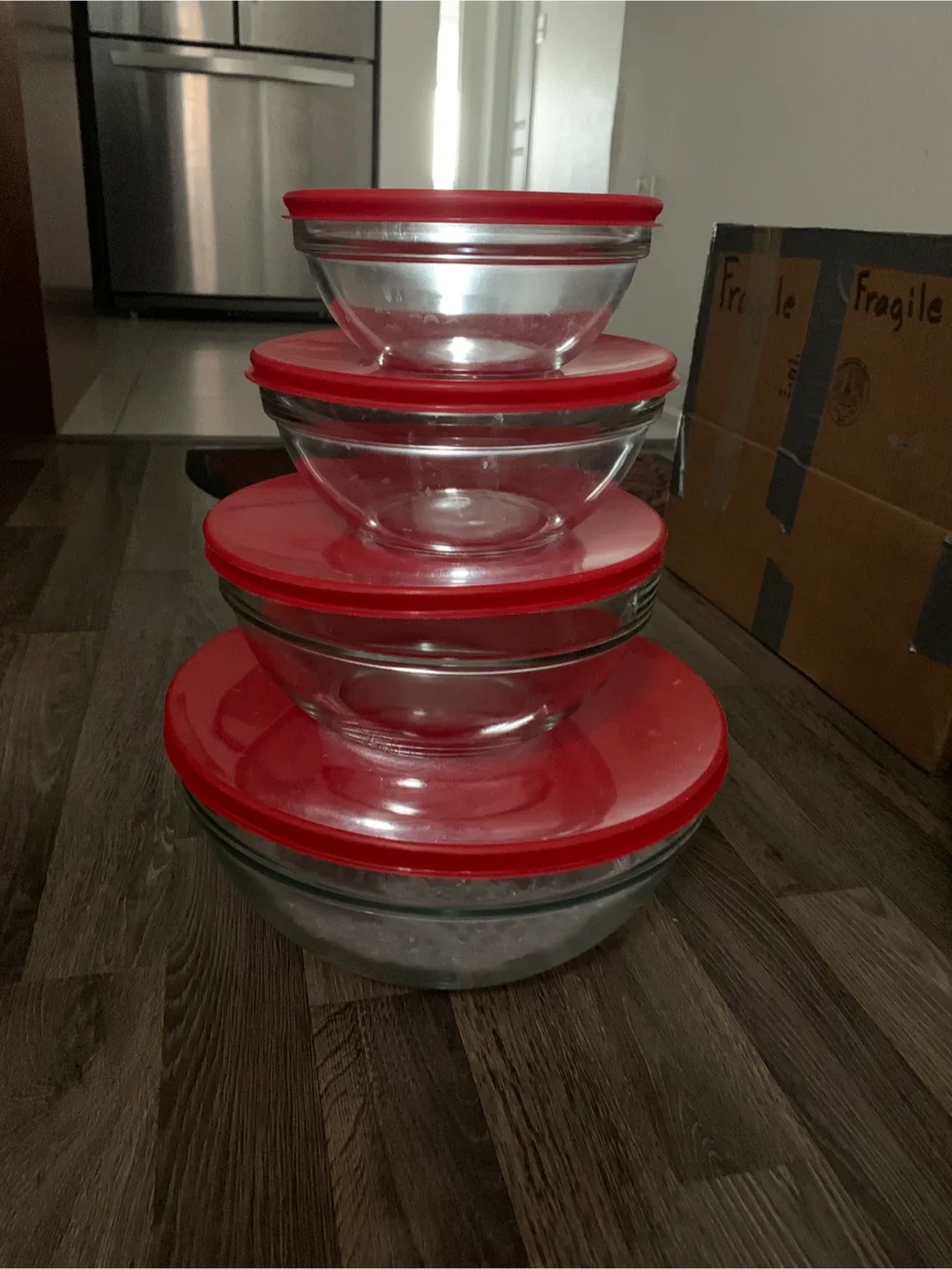 Glass Bowls with Red Lids - Set of 4