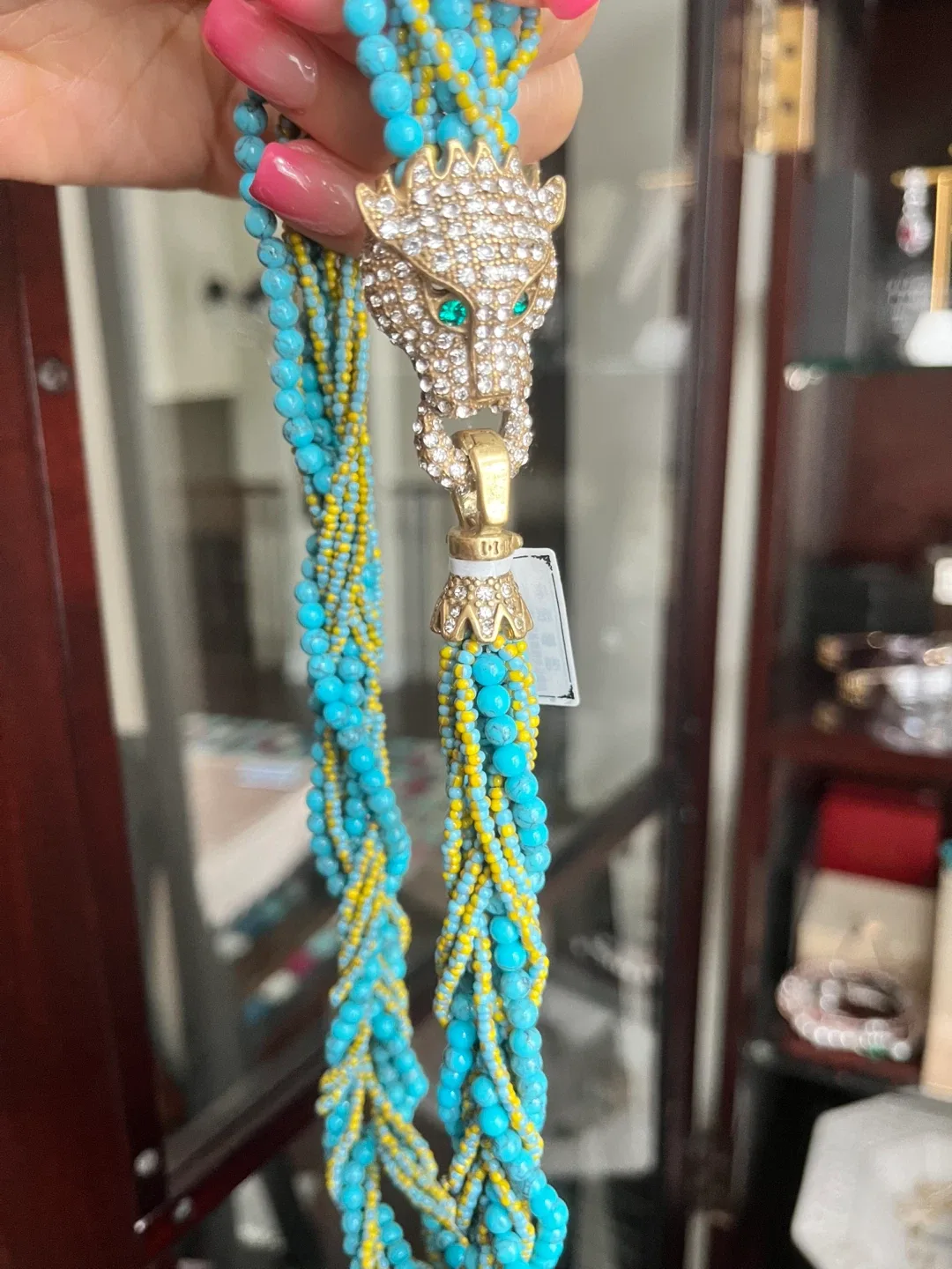 Beaded Necklace with Jeweled Panther Head