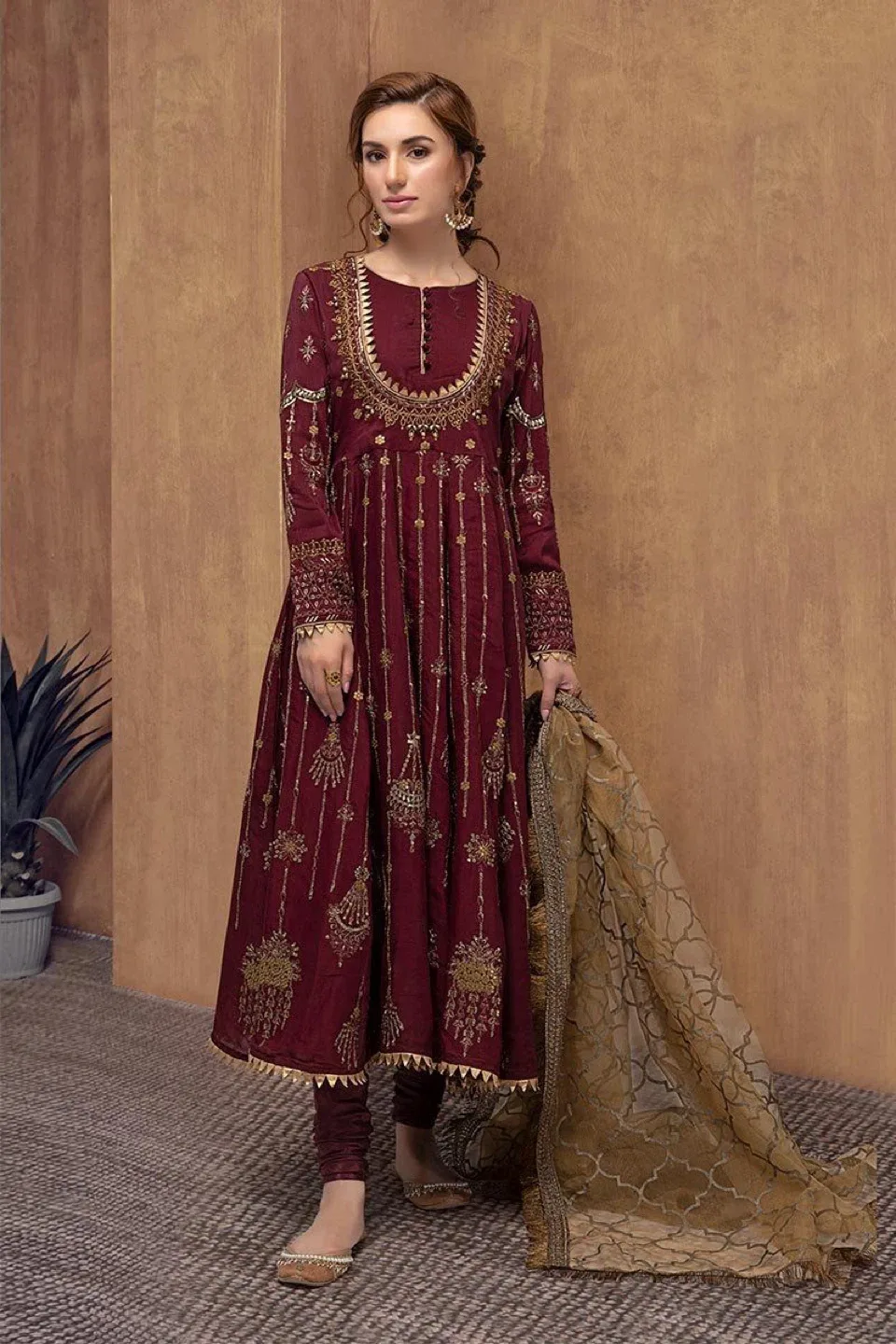 Burgundy & Gold Embroidered Anarkali Dress