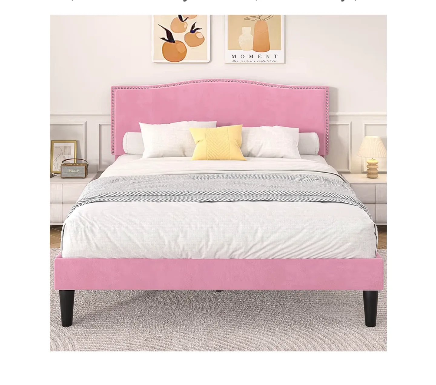 Pink Upholstered Platform Bed Frame