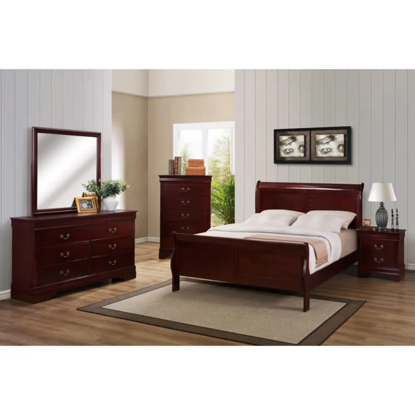 Queen Bedroom Set - Sleigh Bed, Dresser, Mirror, 2 Nightstands