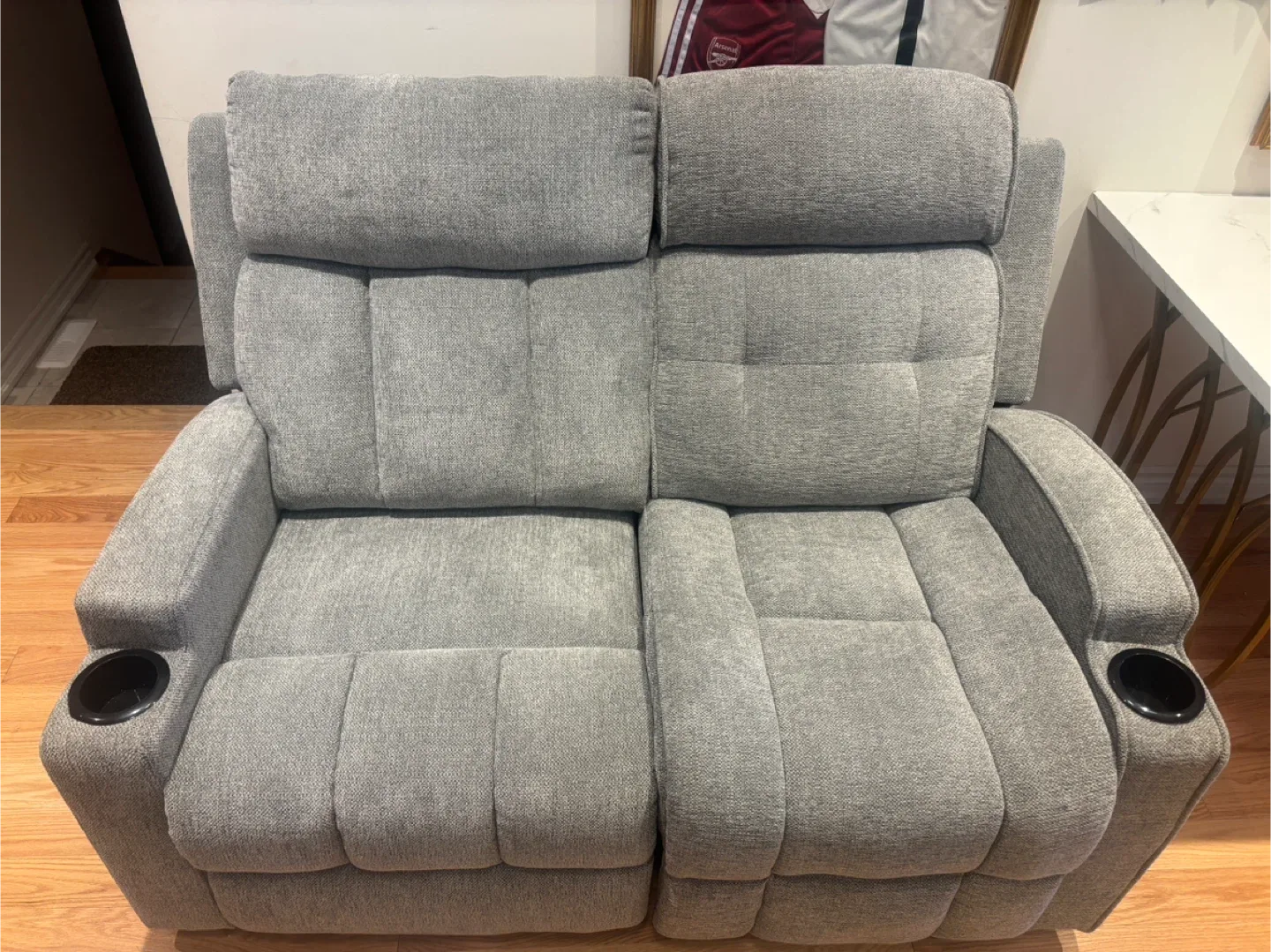Grey Loveseat Recliner with Cupholders- AS IS