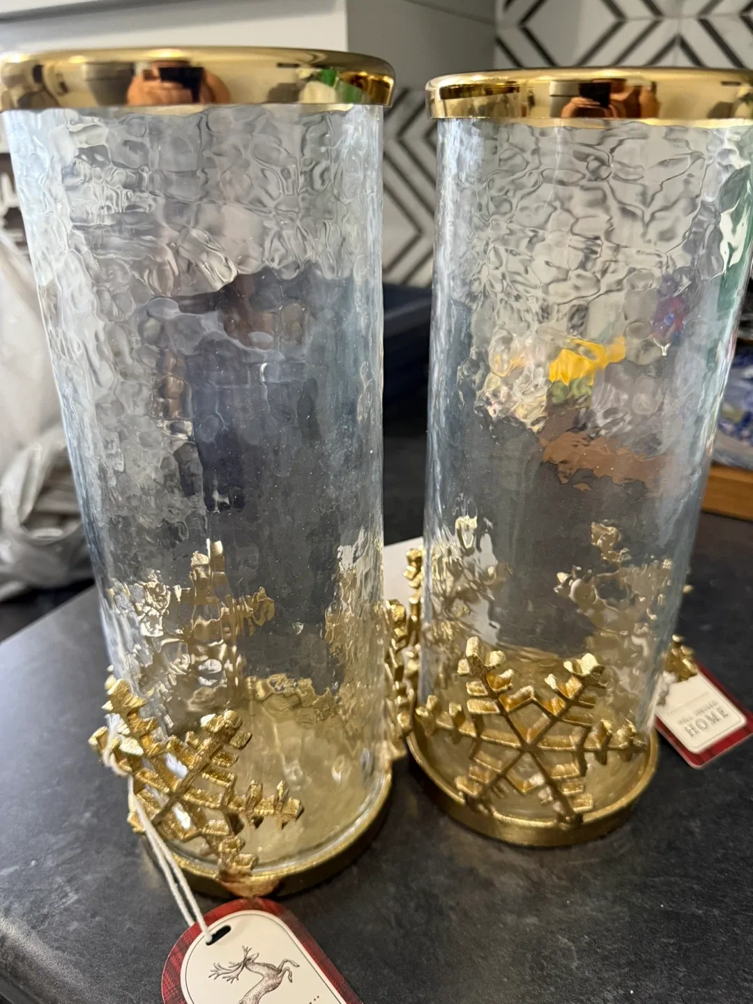A pair of beautiful glass hurricanes, brand new!
