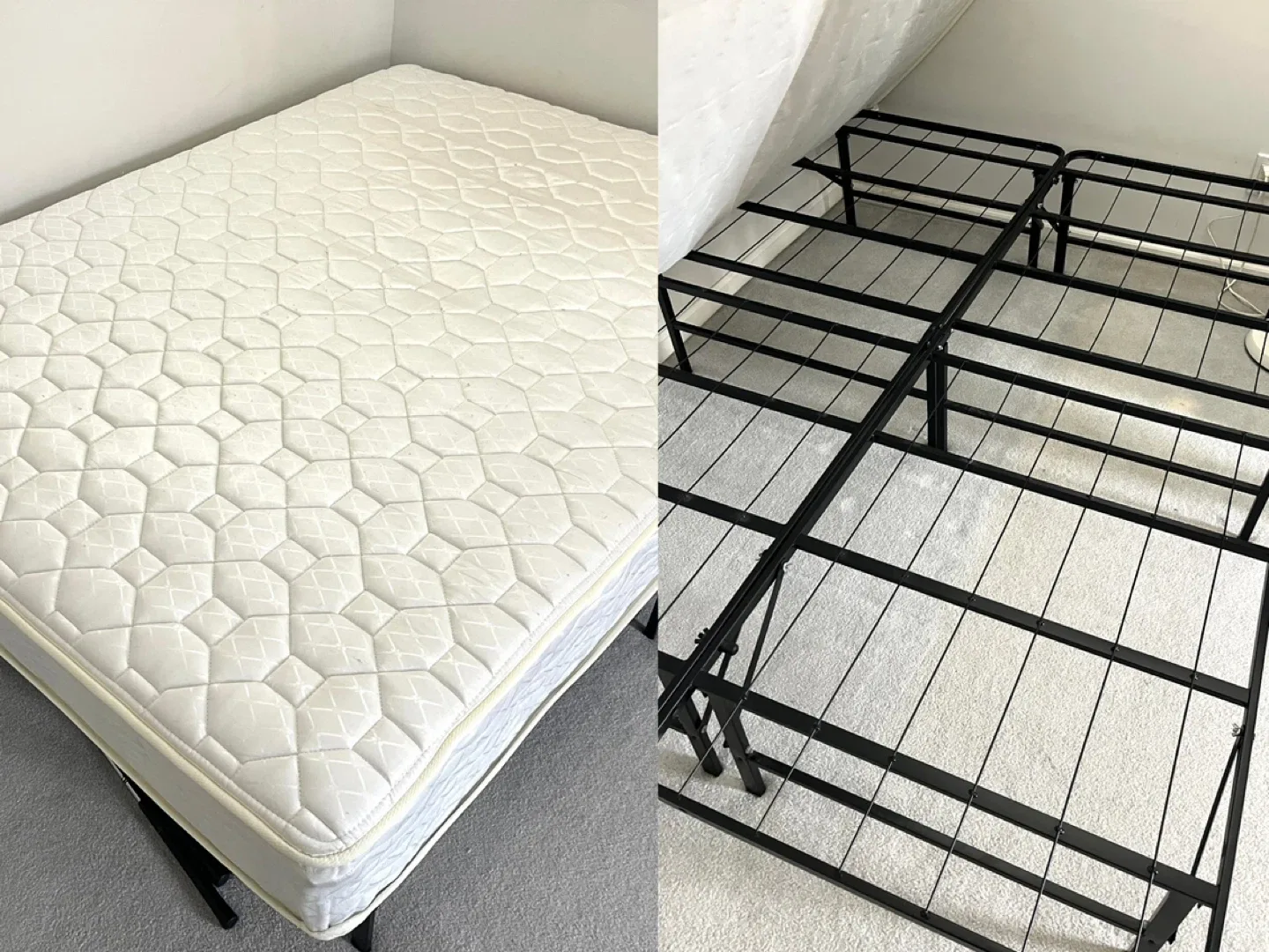 MOVING SALE!! Queen Mattress+Frame. Includes bedsheets+bedskirt!