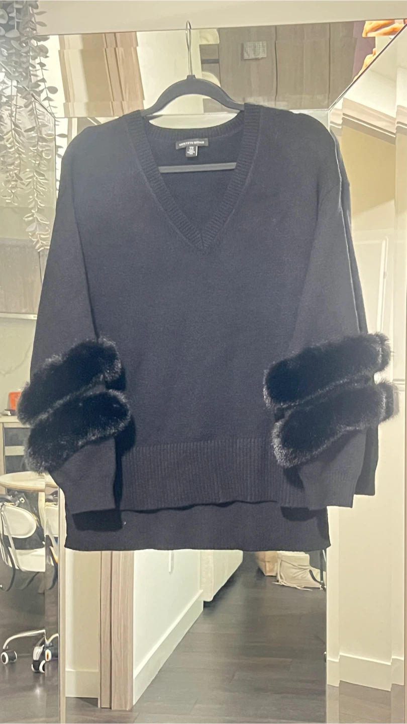 Saks Fifth Avenue Black Sweater with Faux Fur Cuffs