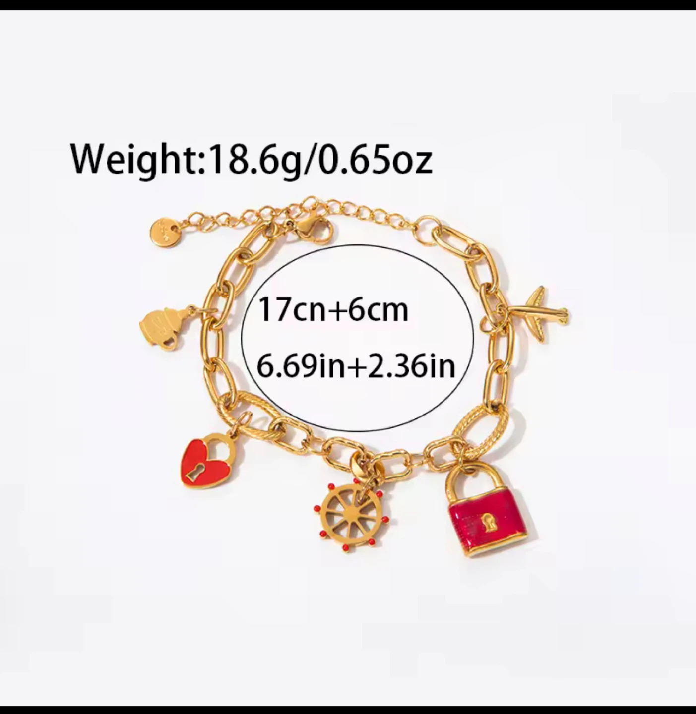 18k Gold plated stainless steel Charm Bracelet - 6.69in + 2.36in - photo 2