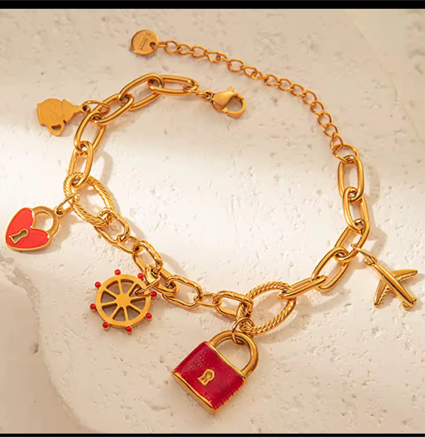 18k Gold plated stainless steel Charm Bracelet - 6.69in + 2.36in - photo 5