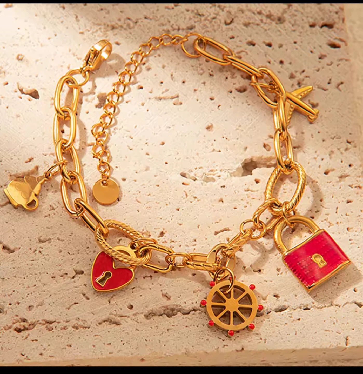 18k Gold plated stainless steel Charm Bracelet - 6.69in + 2.36in