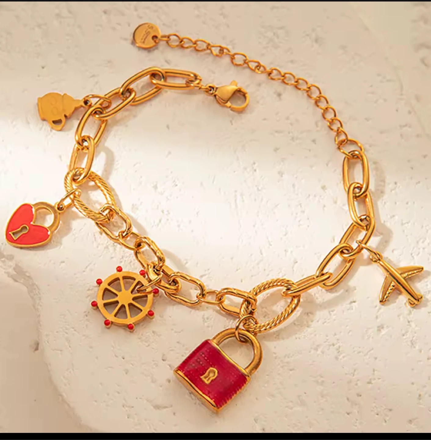 18k Gold plated stainless steel Charm Bracelet - 6.69in + 2.36in - photo 4