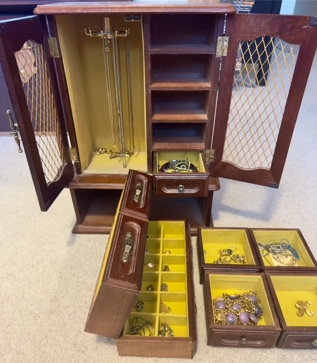 Vintage Wooden Jewelry Box with costume jewelry