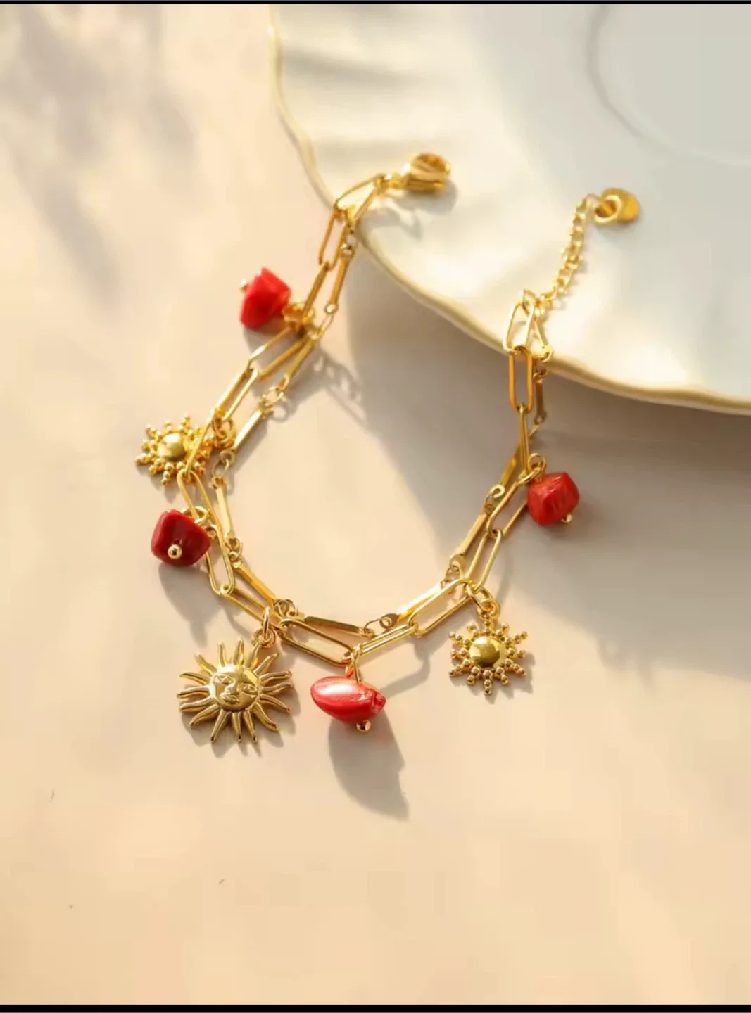 Gold Layered Bracelet with Sun Charms & Red Beads