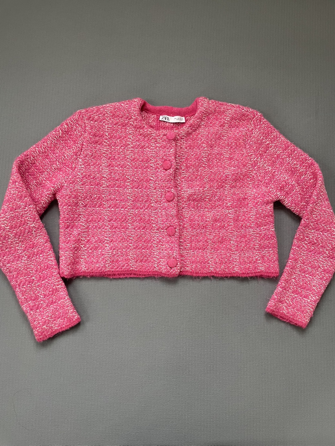 Zara Pink Tweed Cropped Cardigan - Size L