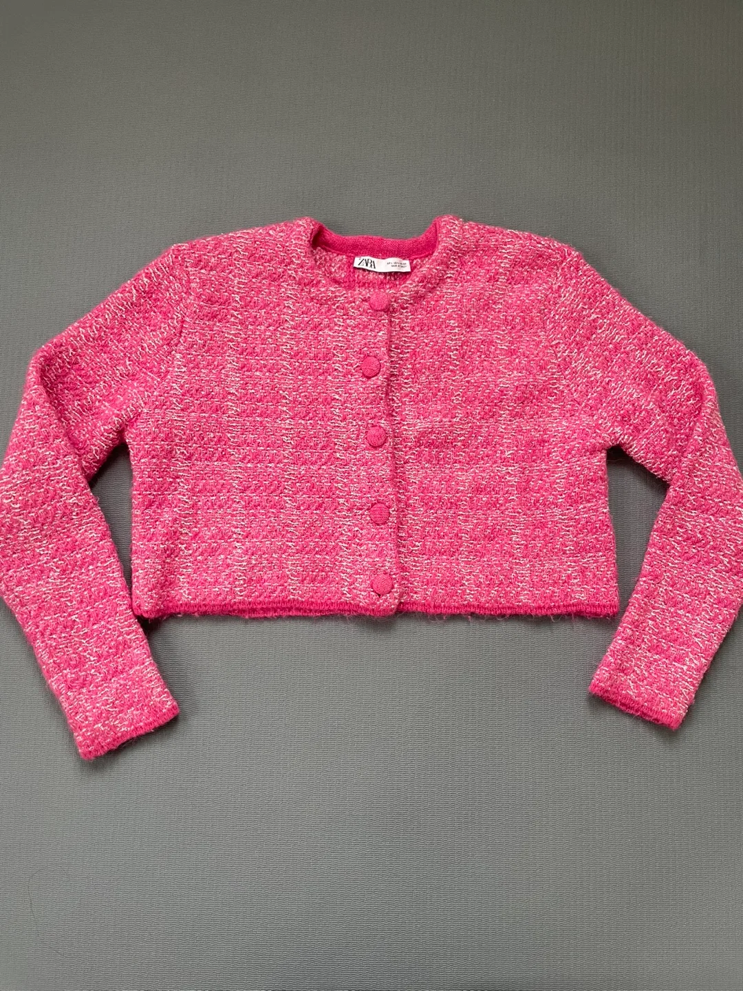 Zara Pink Tweed Cropped Cardigan - Size L
