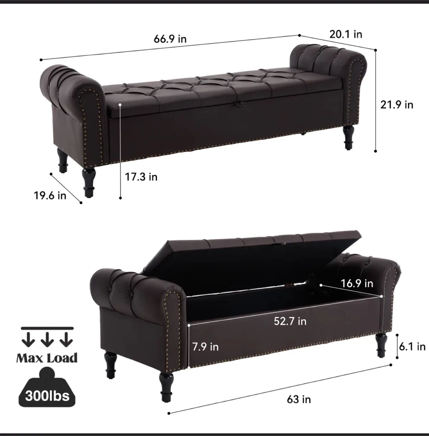 Coffee Brown 66.9'' Faux Leather Upholstered Storage Bench image indicator(3)