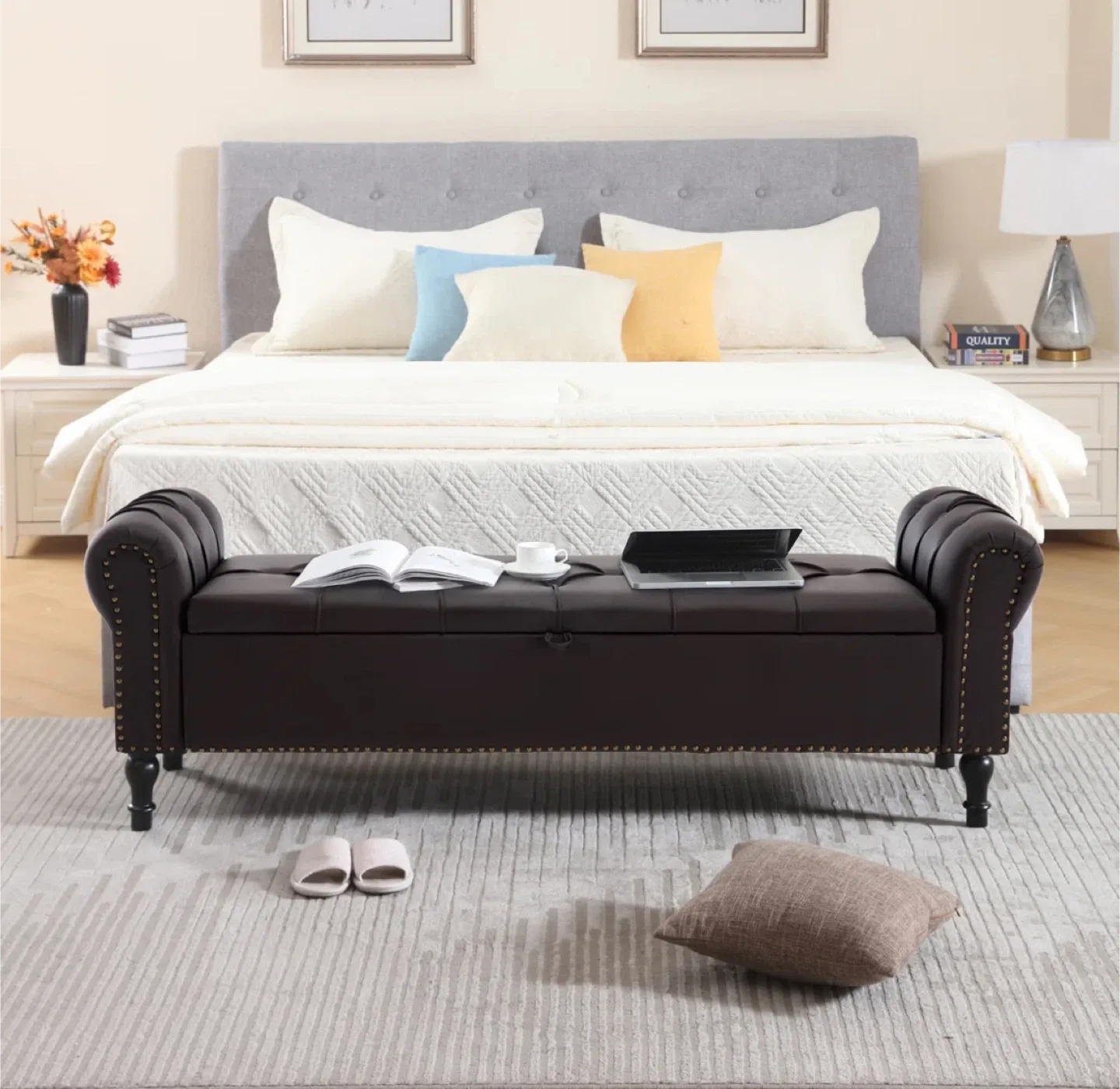 Coffee Brown 66.9'' Faux Leather Upholstered Storage Bench image indicator(10)