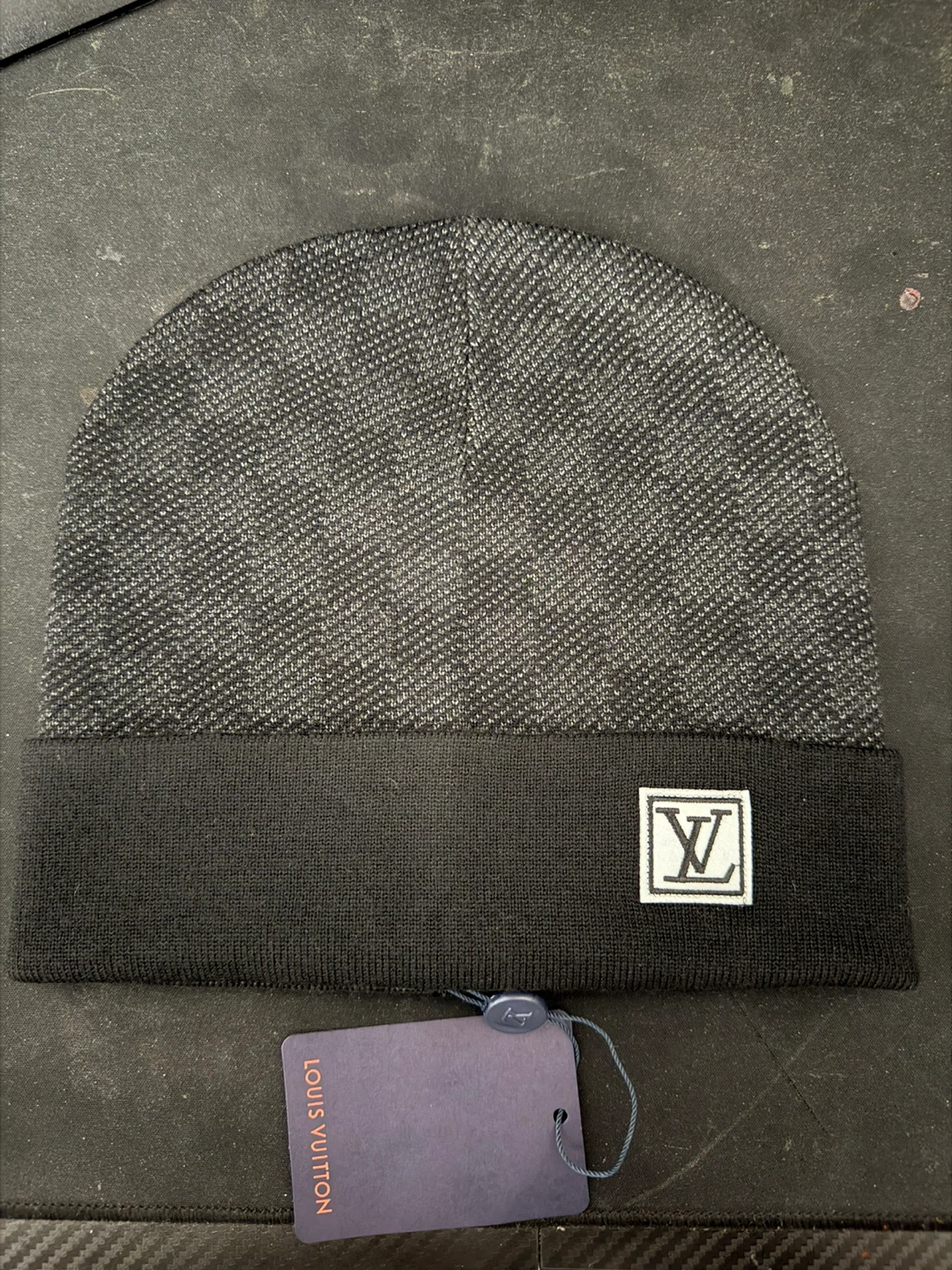 Louis Vuitton Check Knit Beanie – Black/Grey – Monogram Patch