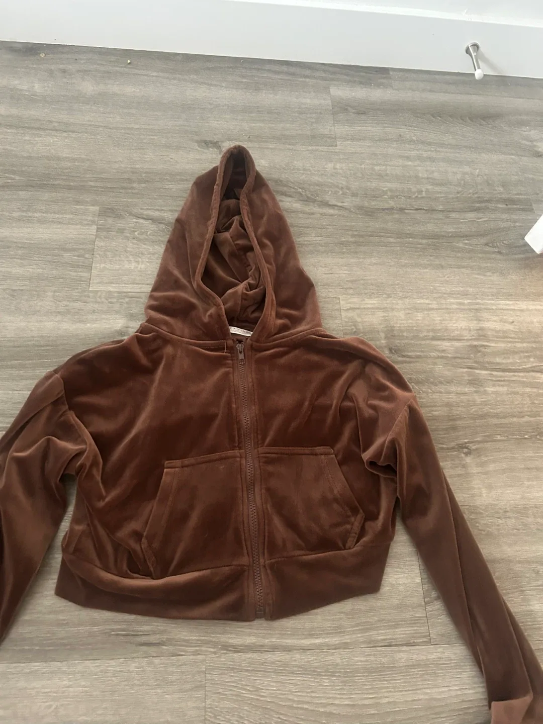 Brown Velvet Cropped Zip-Up Hoodie