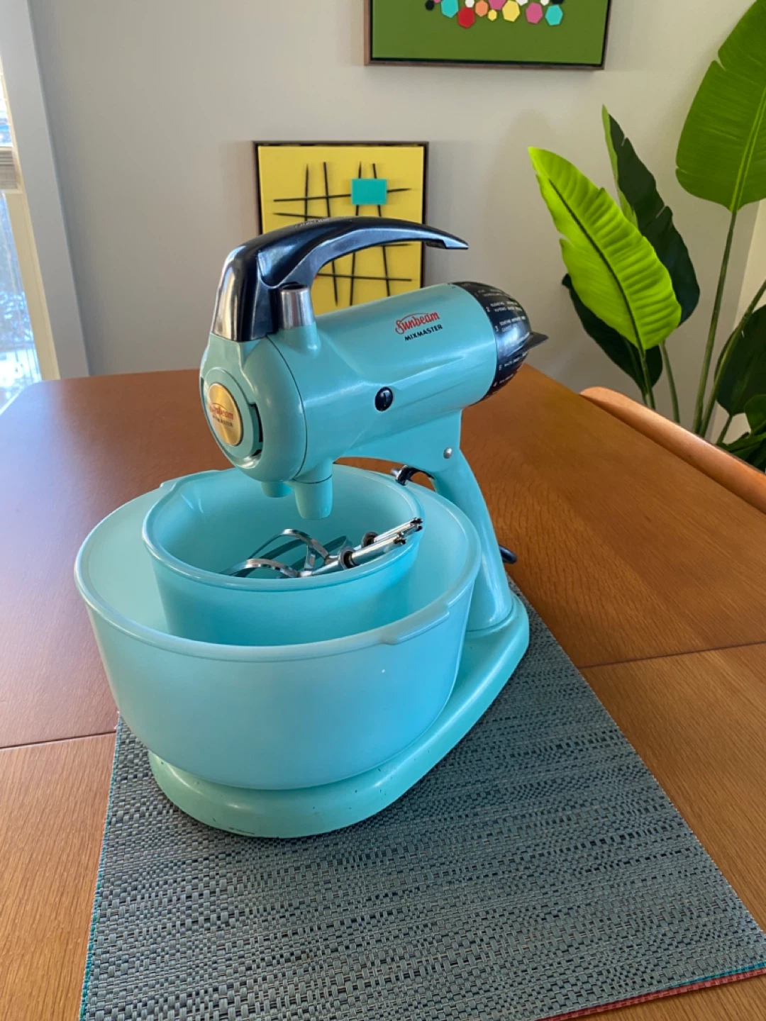 Vintage Turquoise Sunbeam Mixmaster Mixer with Bowls