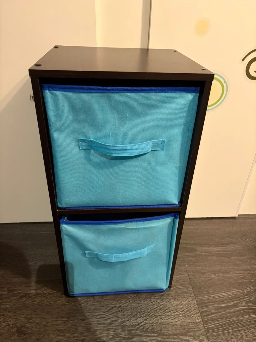 Brown Shelf with Blue Bins