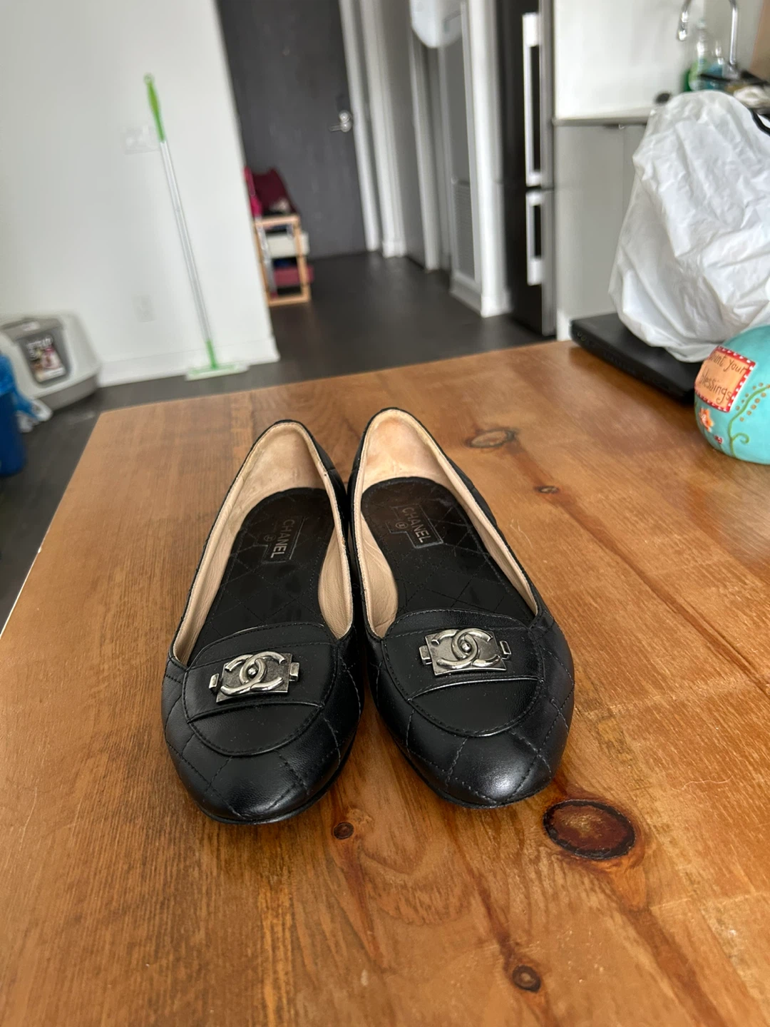 Chanel Black Leather Loafers, Size 37.5