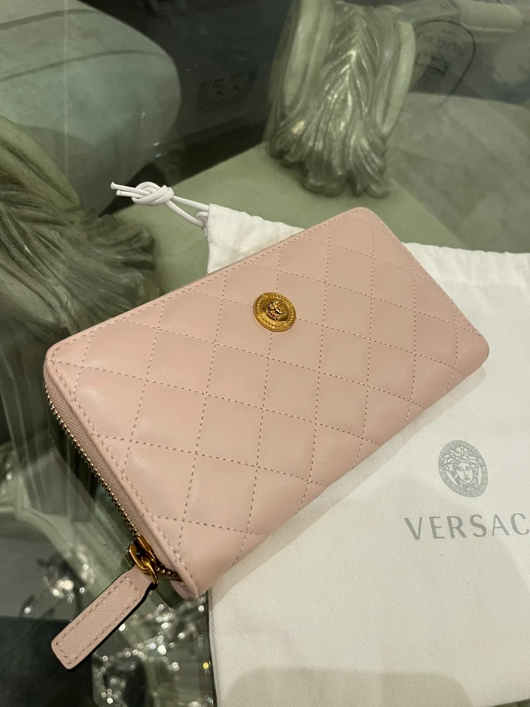 Versace Medusa Quilted Leather Long Zip Around Wallet Soft Pink