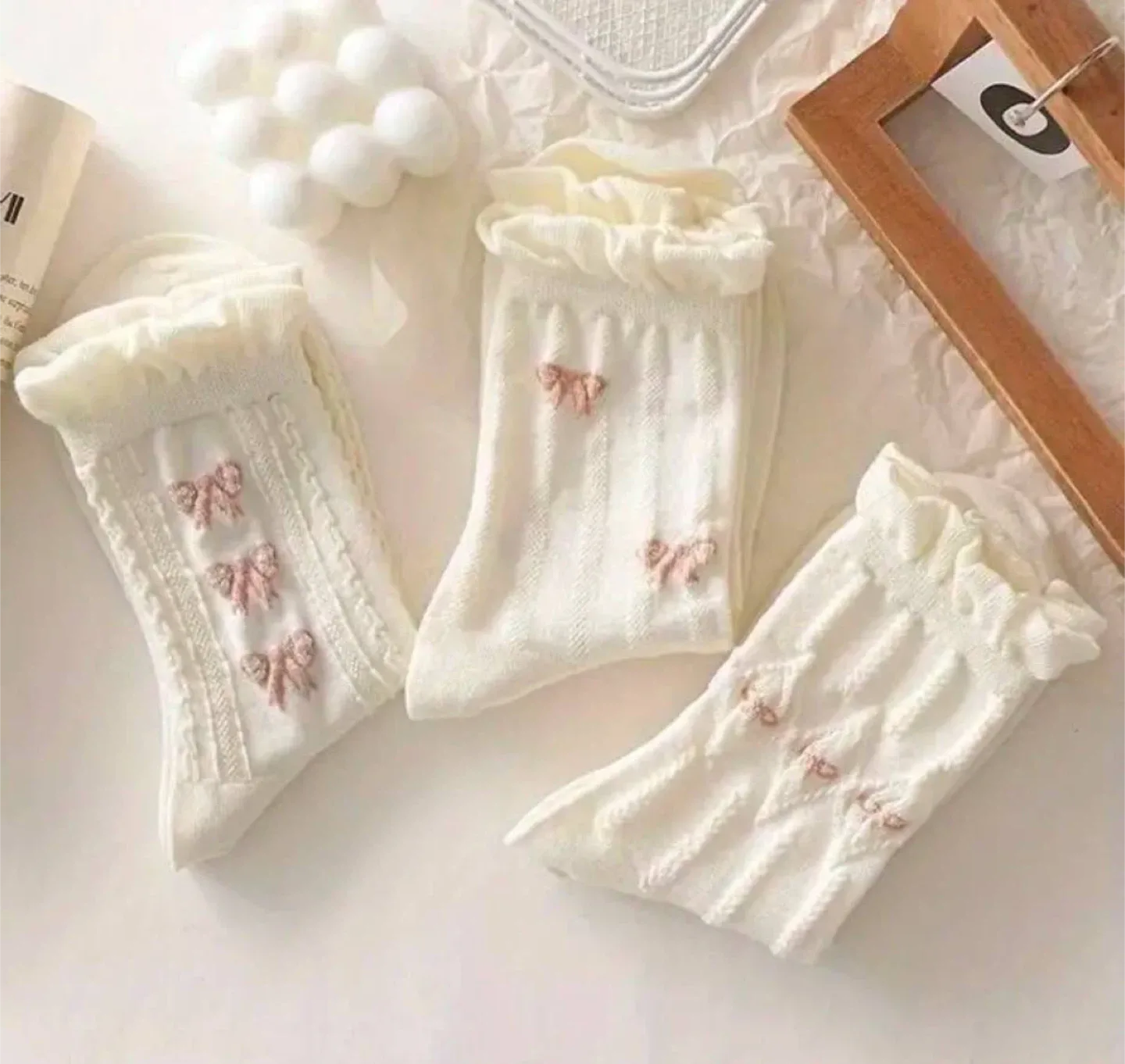 Cream Ruffled Bow Socks (Set of 9) image indicator(5)
