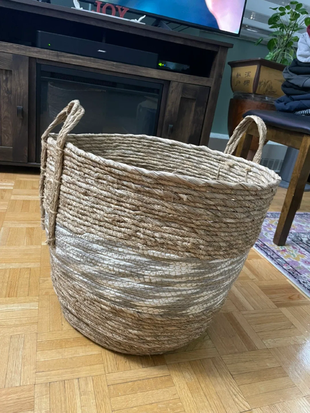 Woven Basket with Handles - Brown & White