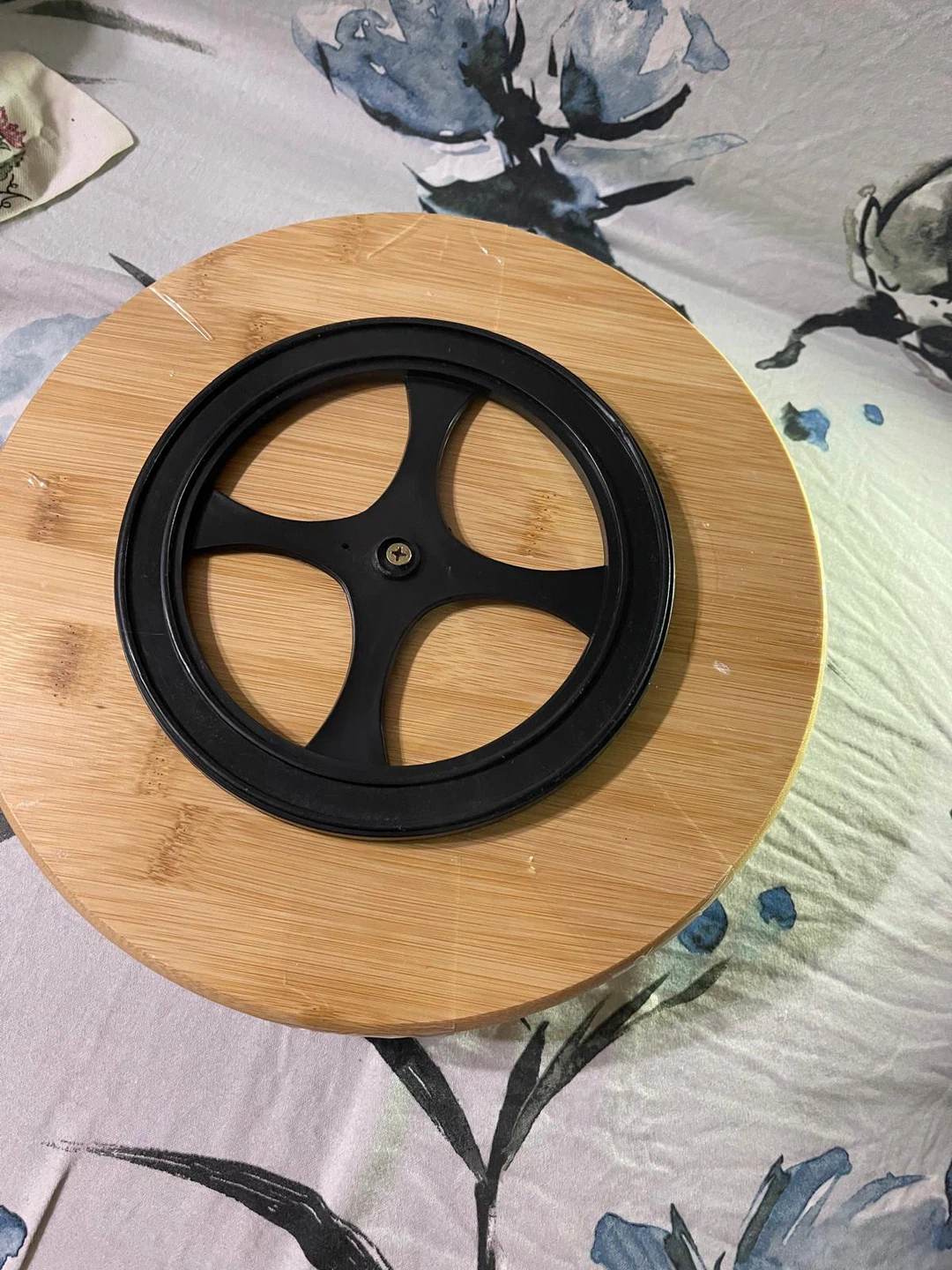 White Ceramic Serving Platter with rotating Wood Base - photo 2