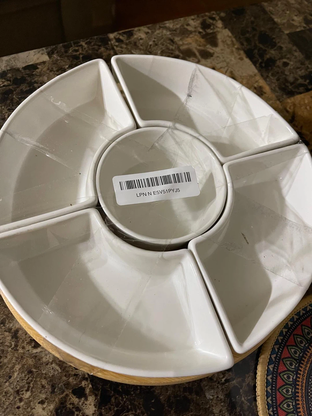 White Ceramic Serving Platter with rotating Wood Base - photo 3