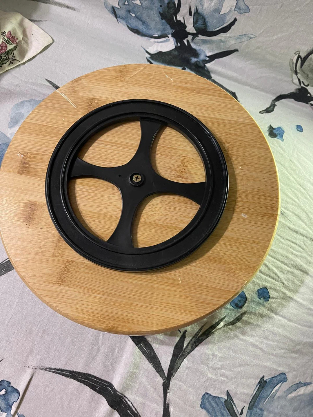 White Ceramic Serving Platter with rotating Wood Base - photo 4